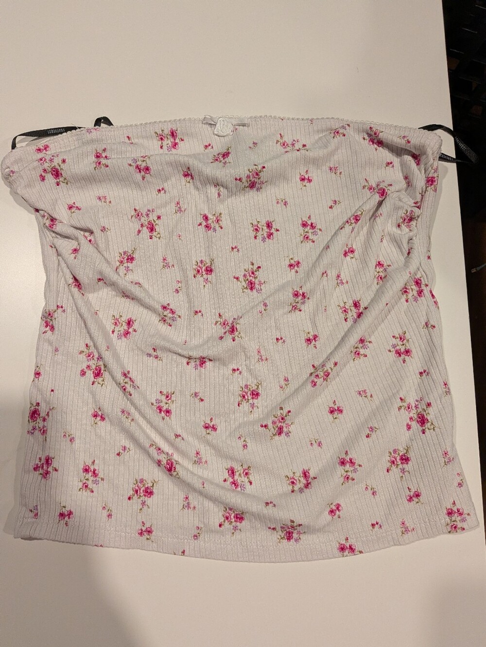 Floral Ribbed Tube Topin White with Pink Blossoms